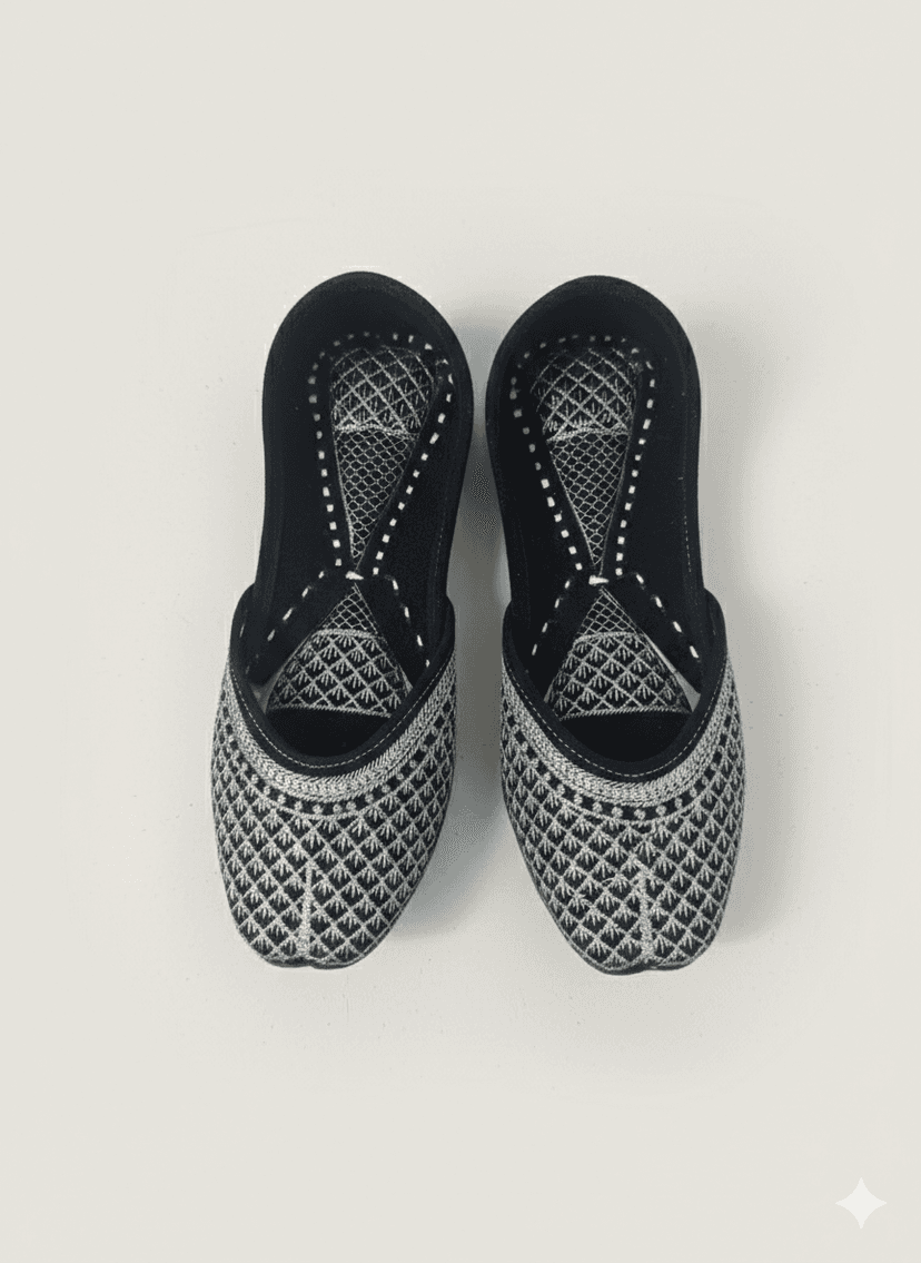 BBJ Handmade Black & Silver Punjabi Jutti for Women | Velvet Finish with Thread & Zari Embroidery | Ethnic Footwear
