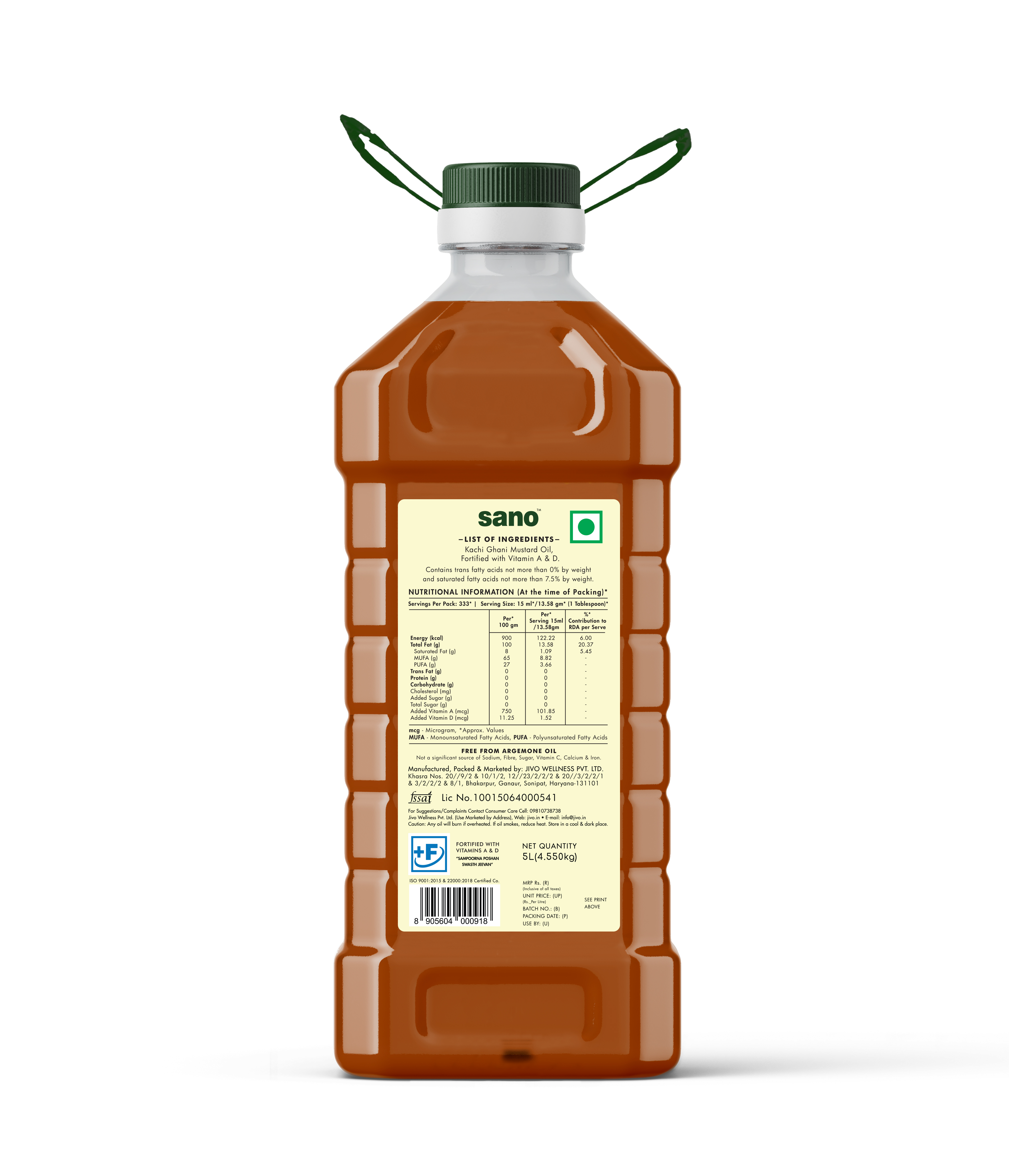 Sano Pure & Fresh Kachi Ghani Mustard Oil 5L | Rich in Omega-3 | 100% Natural | Authentic Indian Cooking Oil view 2