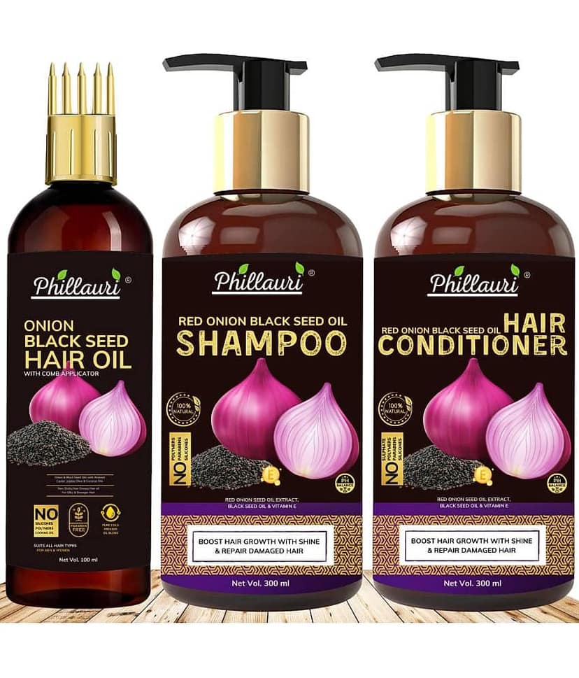 Phillauri Red Onion Black Seed Oil Ultimate Hair Care Kit for Hair Fall Control(Shampoo (300 ML) + Hair Conditioner ( 300 ML) + Hair Oil ( 100 ML) )