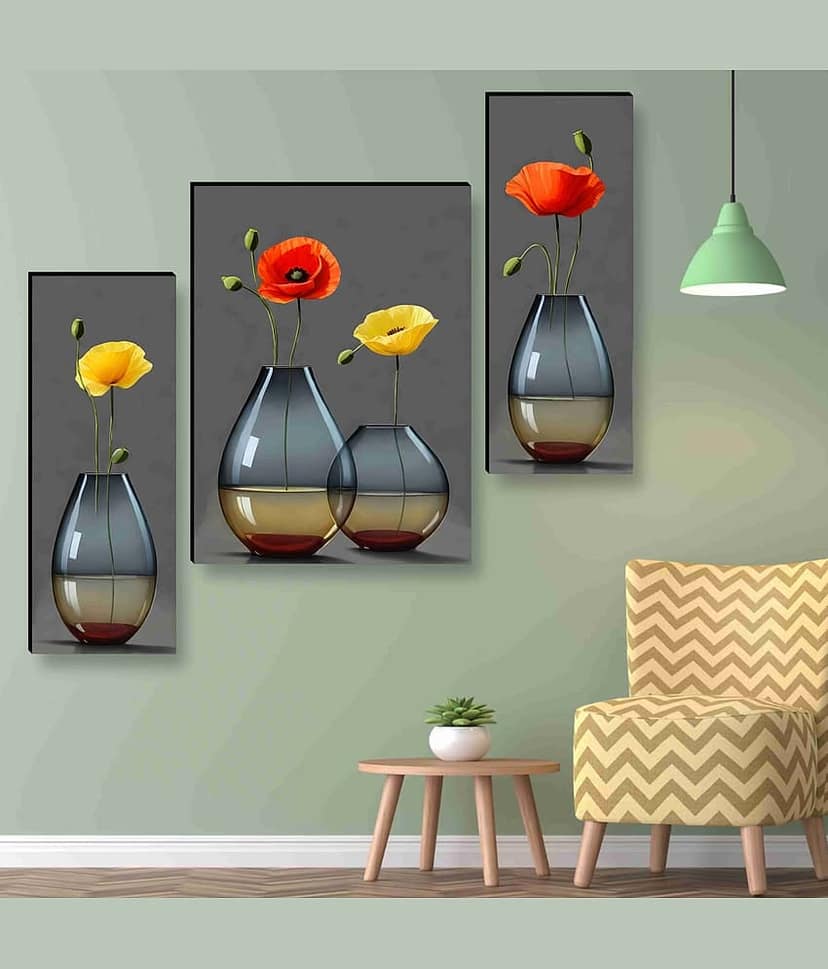SAF Modern Vase Wall Art – 3 Panel Glass Vase with Poppy Flowers Painting for Living Room, Bedroom & Office Wall Décor 12 Inch x 20 Inch view 2