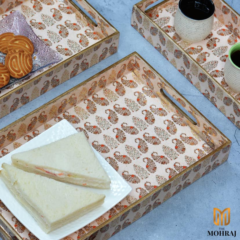 The Mohraj Exquisite Multicolor Rectangular MDF Trays with Gold Foil Finish Set of 3 view 2