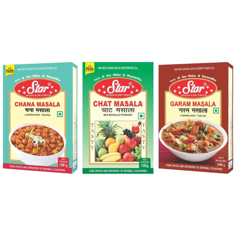 Star Spices Chana Masala, Chat Masala and Garam Masala, 100 gm - Pack of 3