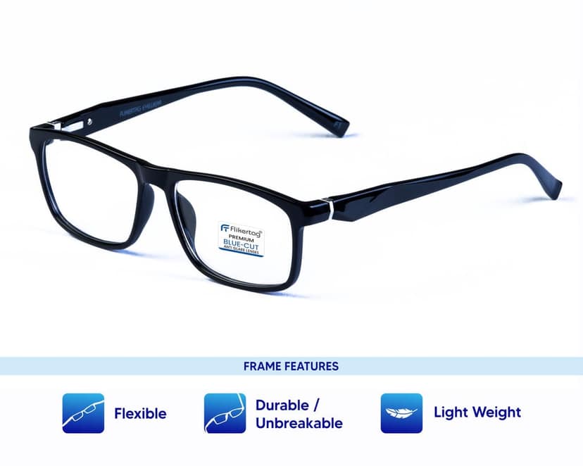 Flikertag Blue Cut Computer Glasses for Eye Protection | Zero Power Blue Light Filter Glasses With UV Protection | Anti Glare Specs for Men & Women [FTF206 F1 Rectangle Glossy Black Frame, 50mm] view 2