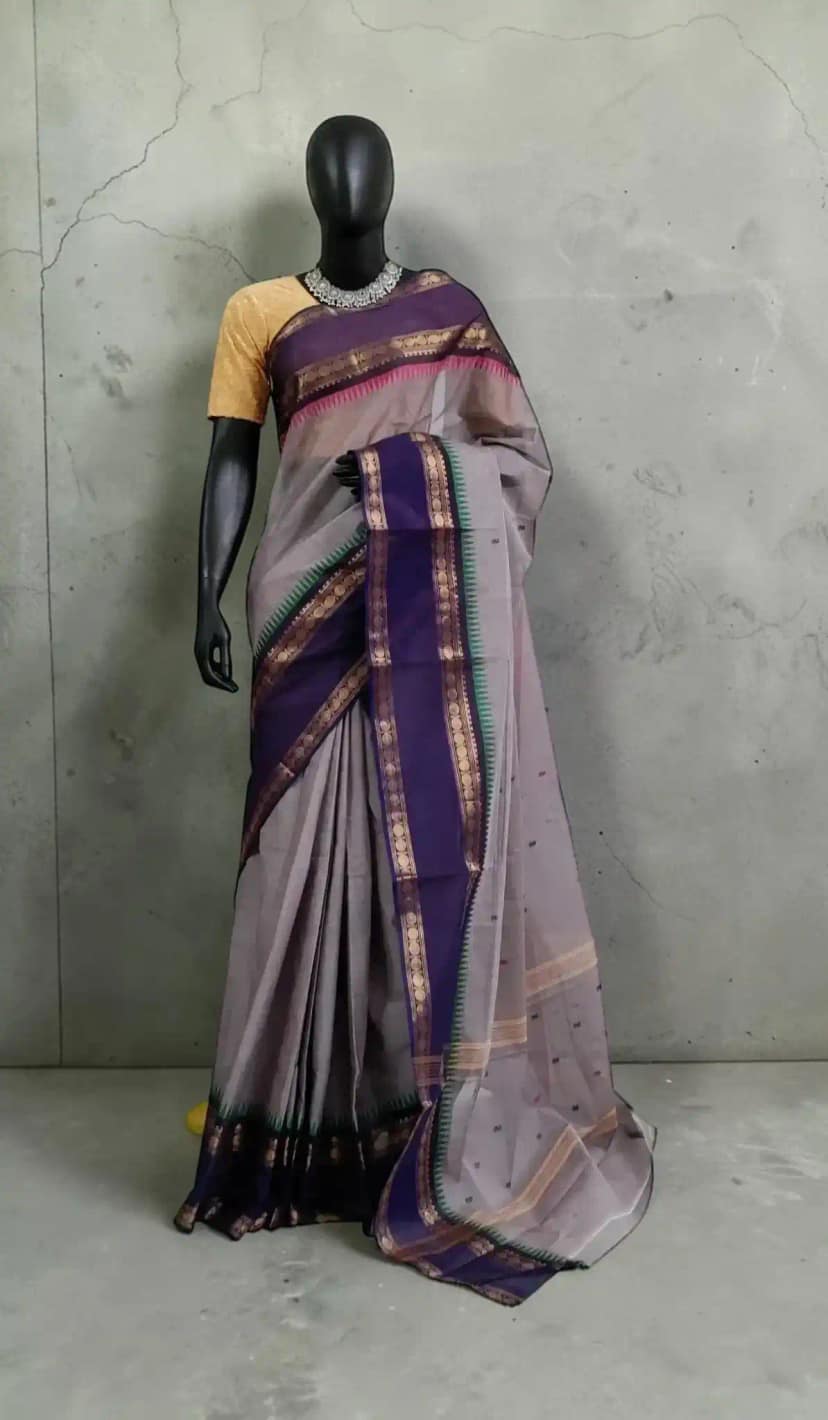 Handwoven Kanchipuram Cotton-Silk Saree in Grey with Contrast Border
