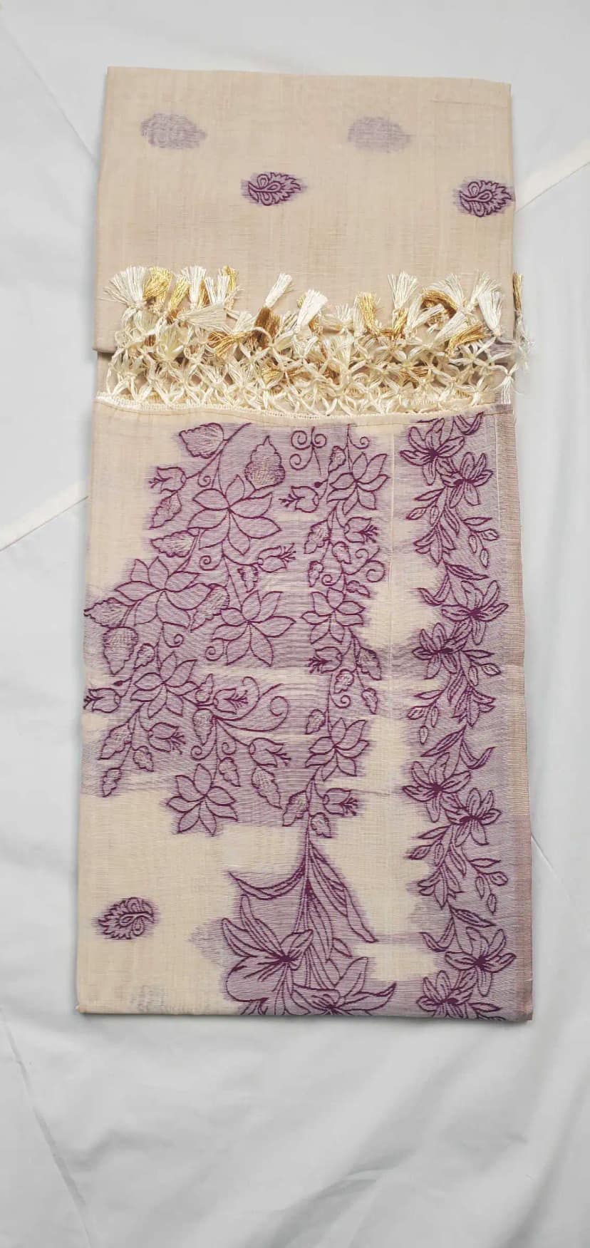 Bomkai Sonepuri Beige Cotton Saree Olive Paisley Buti