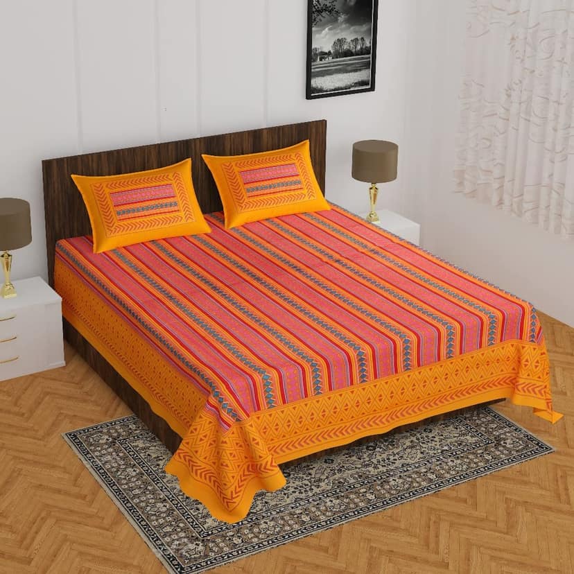 Lali Prints Yellow Red Geometric Cotton 130 TC Queen Bedsheet with 2 Pillow Covers
