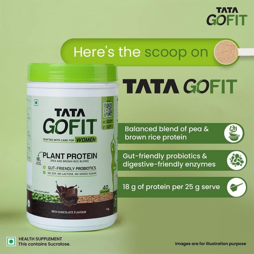 Tata GoFit Plant Protein Powder, Pea & Brown Rice Blend, 18g Protein, Rich Chocolate Flavour, 1kg (40 Serves), No Soy, No Lactose, No Added Sugar, Vegan view 2