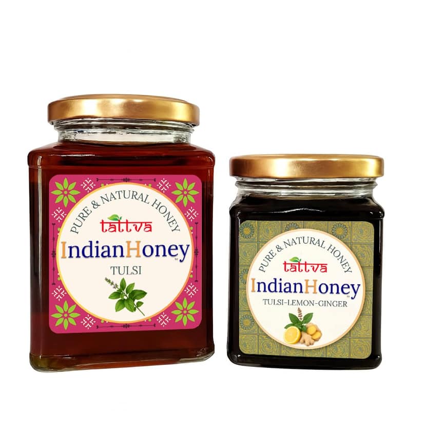 IndianHoney Warming & Anti-Inflammatory Ginger Infused Honey & Ayurvedic & Stress-Relief Tulsi Infused Honey Combo Pack (500gm & 230gm) Ginger & Tulsi