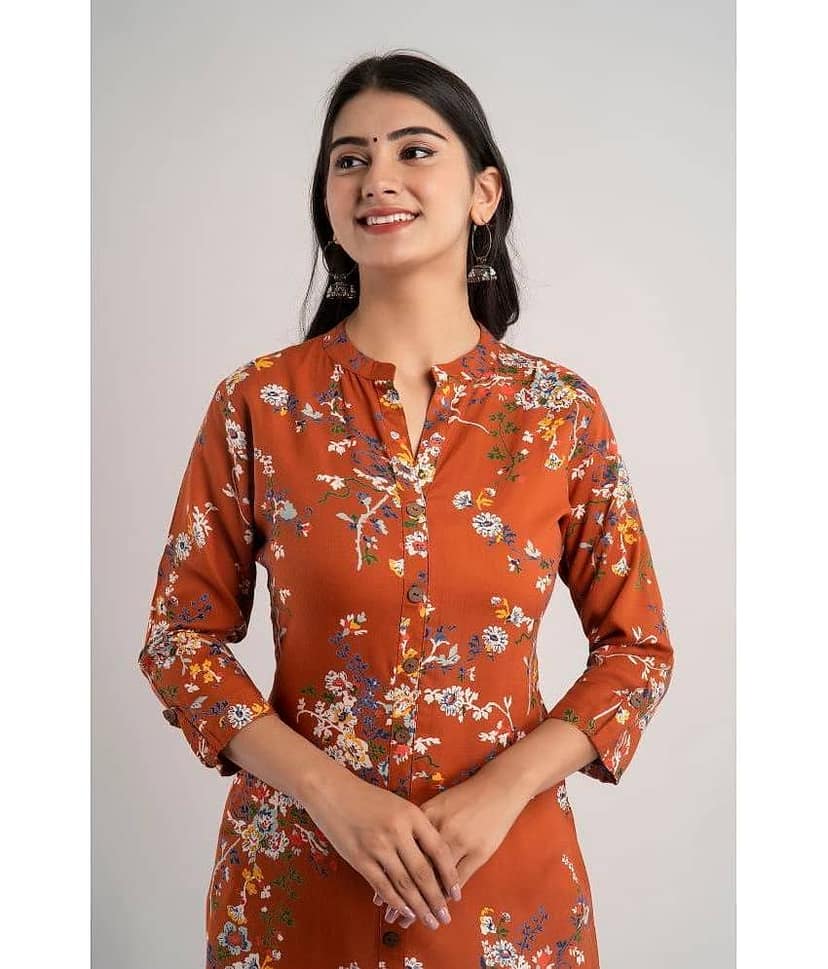 MAUKA - Brown Rayon Women's Straight Kurti ( Pack of 1 ) view 2