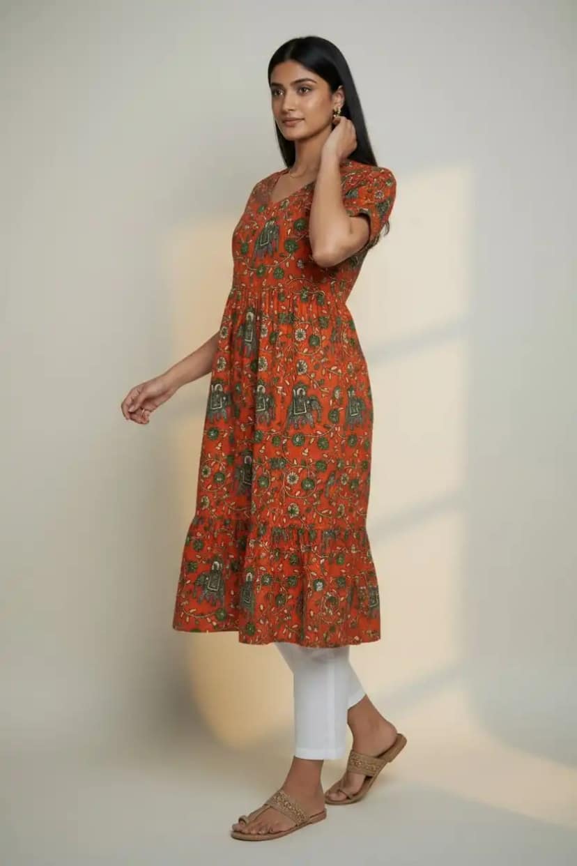 Pedana Kalamkari Screen-Print Cotton Dress in Orange view 2