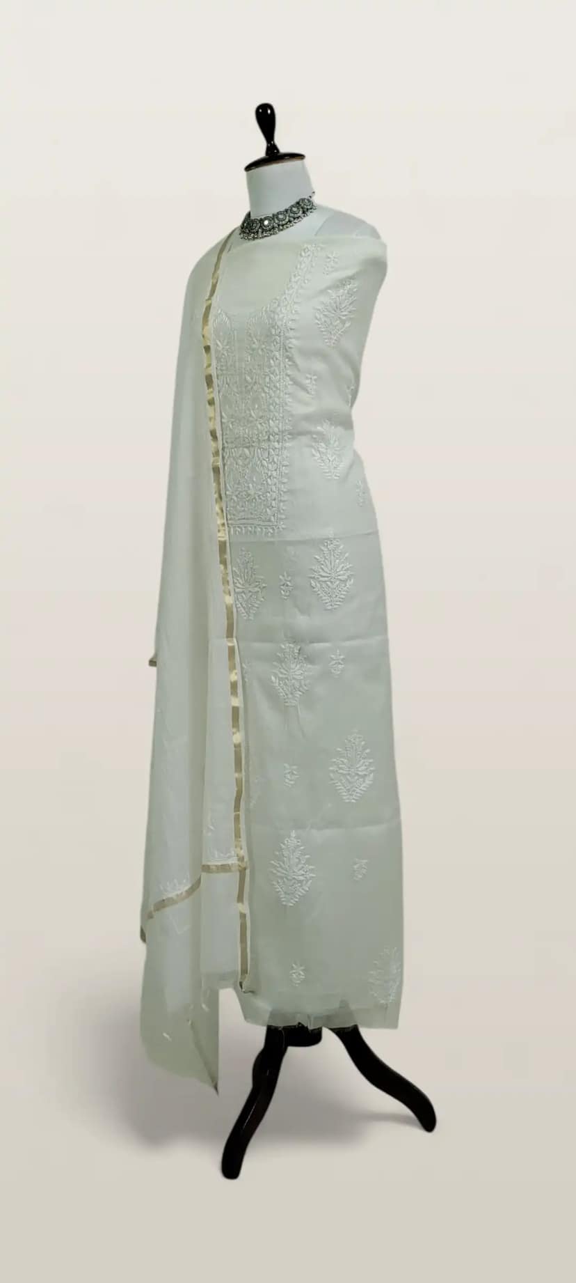Chikankari Mul Chanderi Dress Material White Paisley Yoke view 2