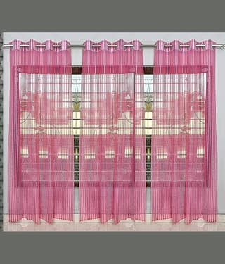 BELLA TRUE Vertical Striped Sheer Eyelet Curtain 5 ft ( Pack of 3 ) Pink
