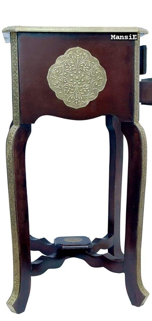 Creative Handicrafts Wooden with Brass Bedside Table Antique Look with Drawer Storage for Living Room Bedroom Side End Stool view 2