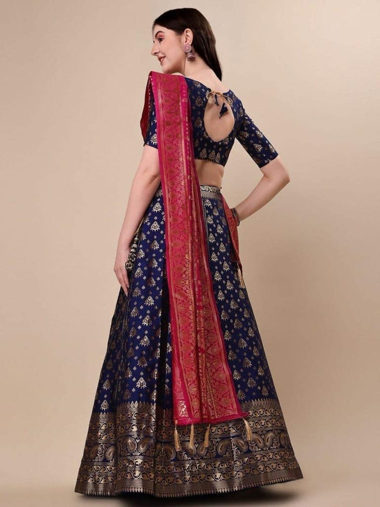 Blue Brocade Fabric Lehenga & Unstitched Blouse With Dupatta view 2