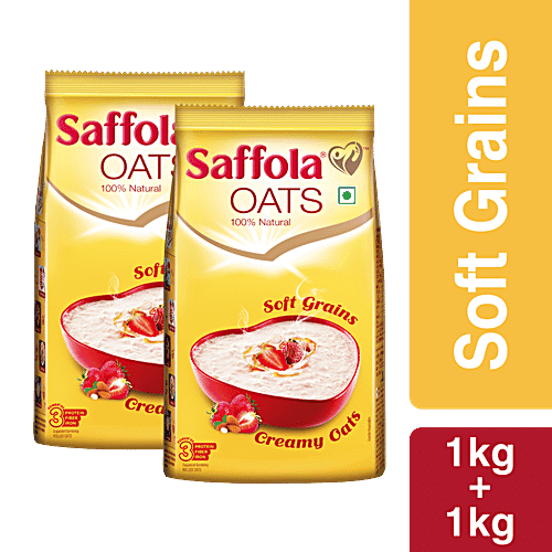 Saffola Rolled Oats - 100% Natural With High Protein & Fibre, Healthy Cereals, Value Pack, 1 Kg (Pack of 2)