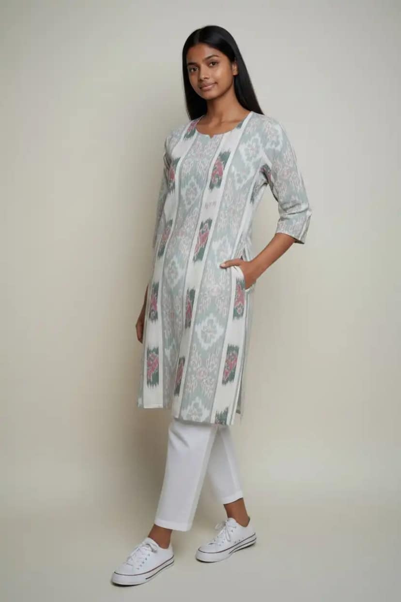 Handwoven Sambalpuri Cotton Bandha Ikat Kurti in Grey view 2