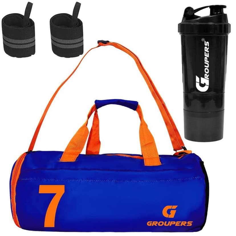 GROUPERS Combo Set of Duffle Polyester Bag with Shaker Bottle-500ml & Wrist Band (Blue 07)