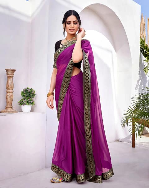 Lycra Saree with Lace Border (Color - Purple) by SHIV TEXTILES view 2
