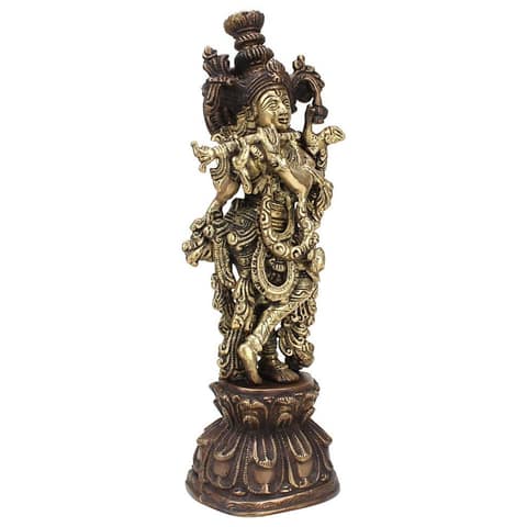 ARTVARKO Antique Brass Lord Krishna Bhagwan Statue for Home Entrance Gallery Murti Puja Decor Religious Showpiece Gift Large Idol Height 13 Inches view 2