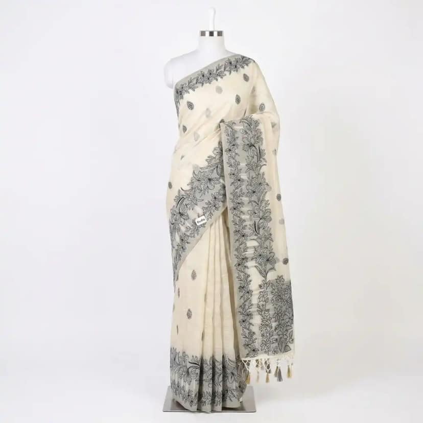 Sambalpuri Floral Print Black Odisha Tussar Cotton Saree