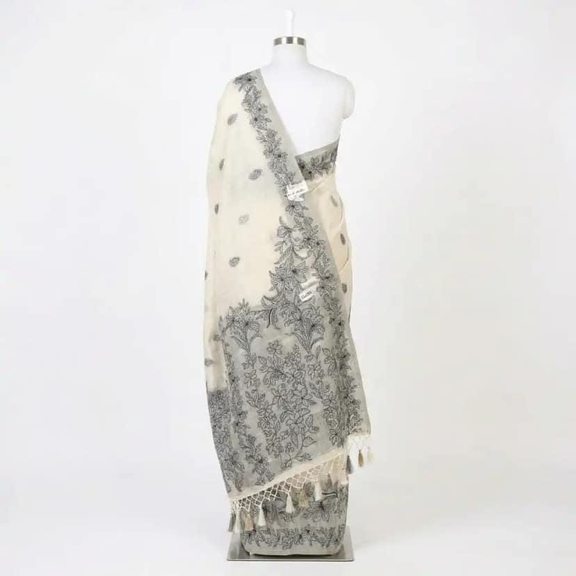 Sambalpuri Floral Print Black Odisha Tussar Cotton Saree view 2