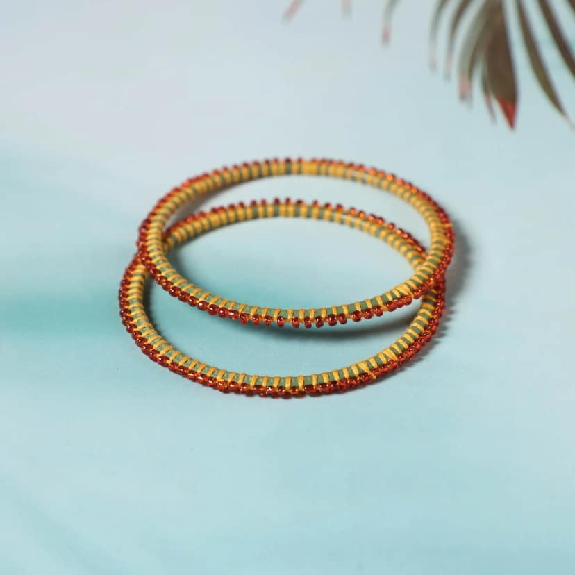 Red - Hand Embroidered Beadwork Bangle (Set of 2)
