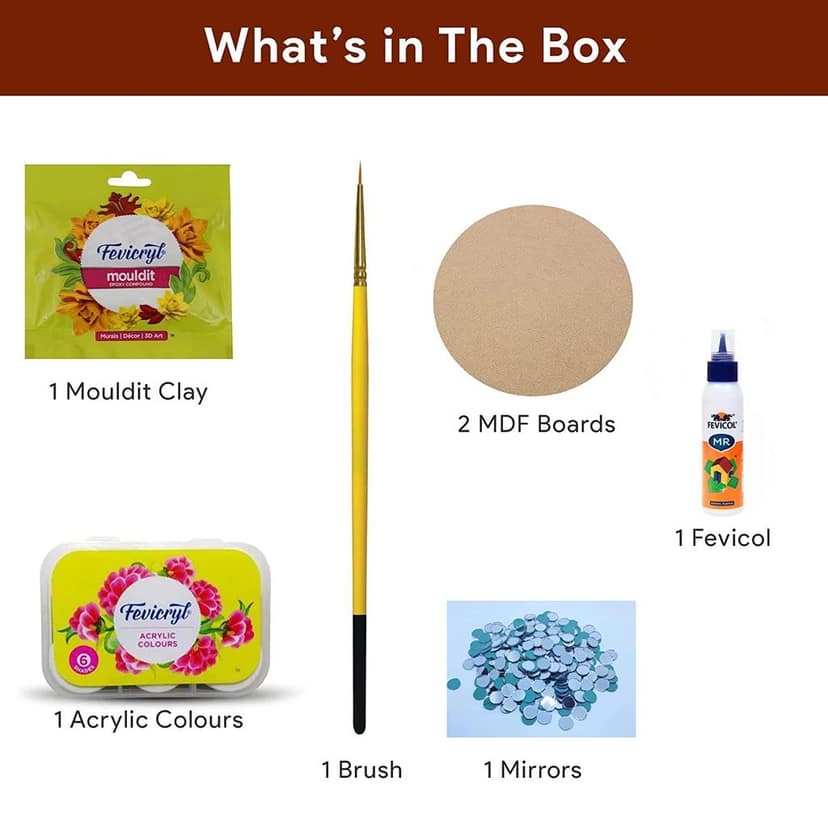Lippan Art Materials DIY Kit with 2 Round MDF Board (1 pcs Lippan Art Clay, 2 pcs Lippan Art MDF Board, Lippan Art Mirrors, Lippan Art Painting Brush, Acrylic Colours Set of Six view 2