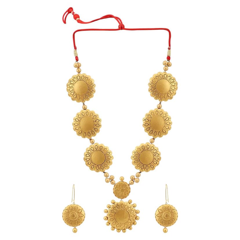 Le bijouxistic EKAM EK TERRACOTTA NECKLACE SET WITH EARRINGS FOR WOMEN AND GIRLS IN GOLD COIN DESIGN FOR CASUAL AND FORMAL WEAR
