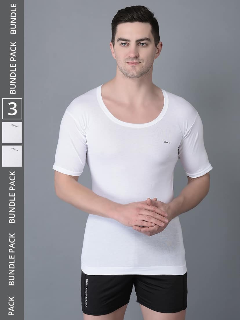 Men's White Pack of 3 Solid Combed Cotton Shrinkless Vest
