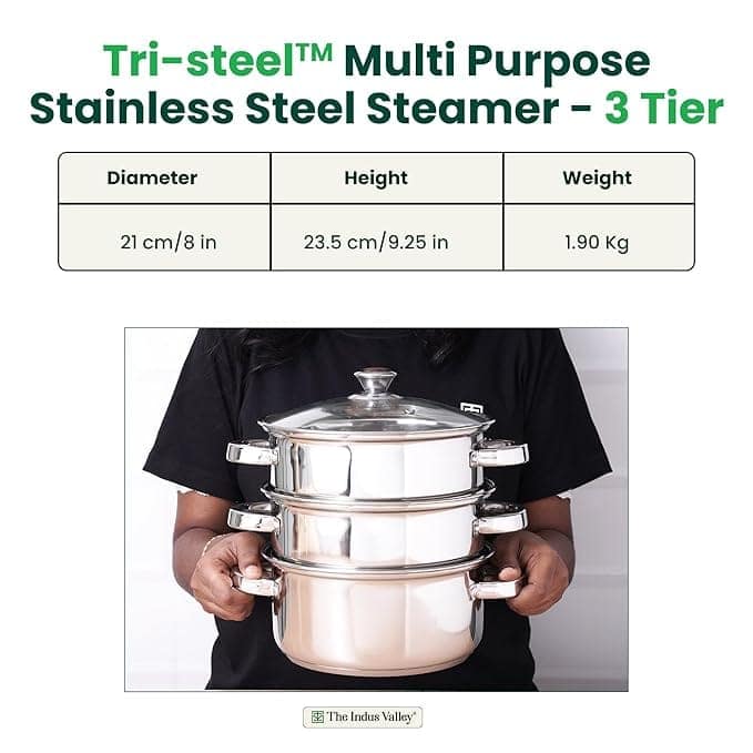 The Indus Valley Stainless Steel Steamer - 21cm, 3 Tier with Glass Lid for modak,momo Maker, Veggies Steamer, Khandvi, Kolukattai, Idiyappam | Gas & Induction Friendly | 3-Layer Thick Bottom view 2