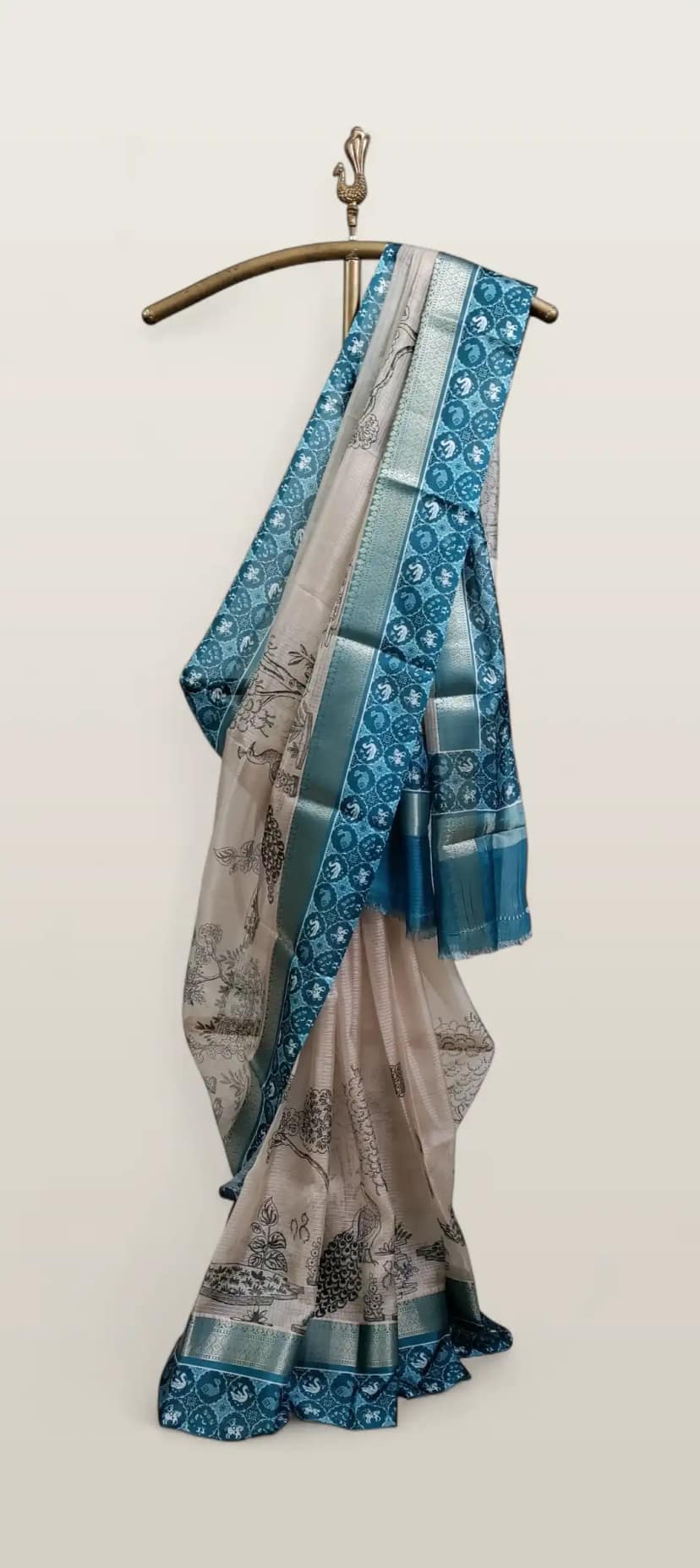 Kota Doria Cotton-Silk Saree, Block-Printed Peacocks with Zari Border view 2