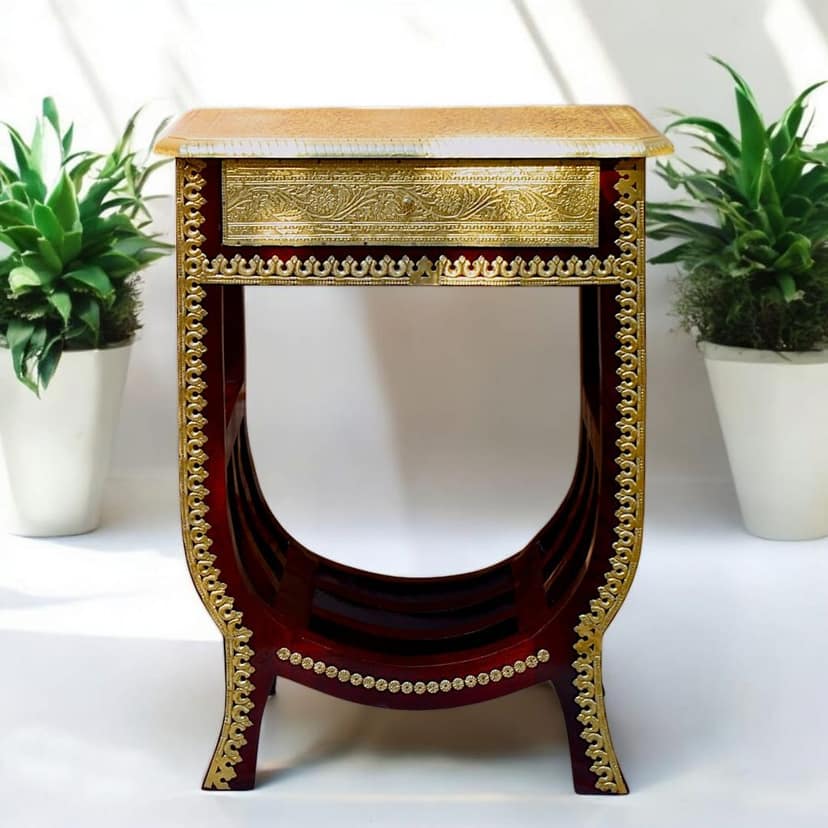 Handcrafted Bed side Brass and Wood Accent Table Size :- 18x12x24 view 2
