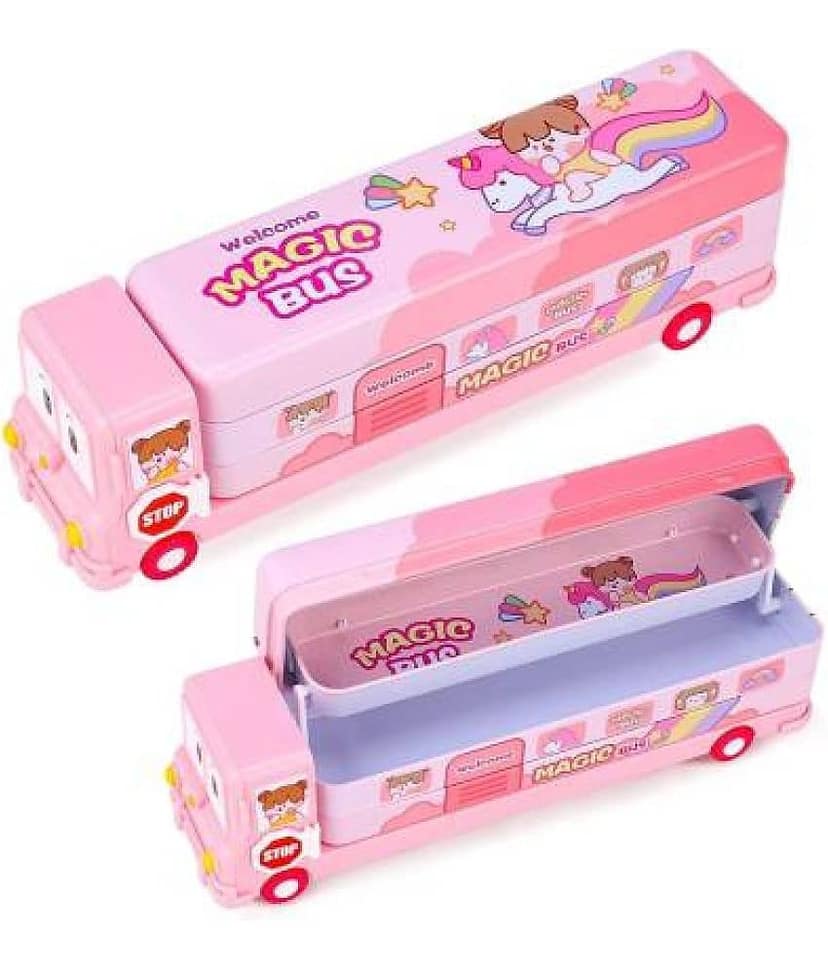Red Magic Bus Shape with Rotating Wheels Art Metal Pencil Box (Set of 1, Red)