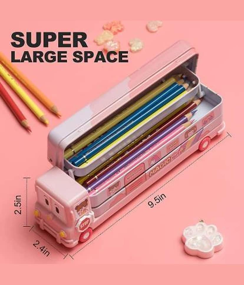 Red Magic Bus Shape with Rotating Wheels Art Metal Pencil Box (Set of 1, Red) view 2