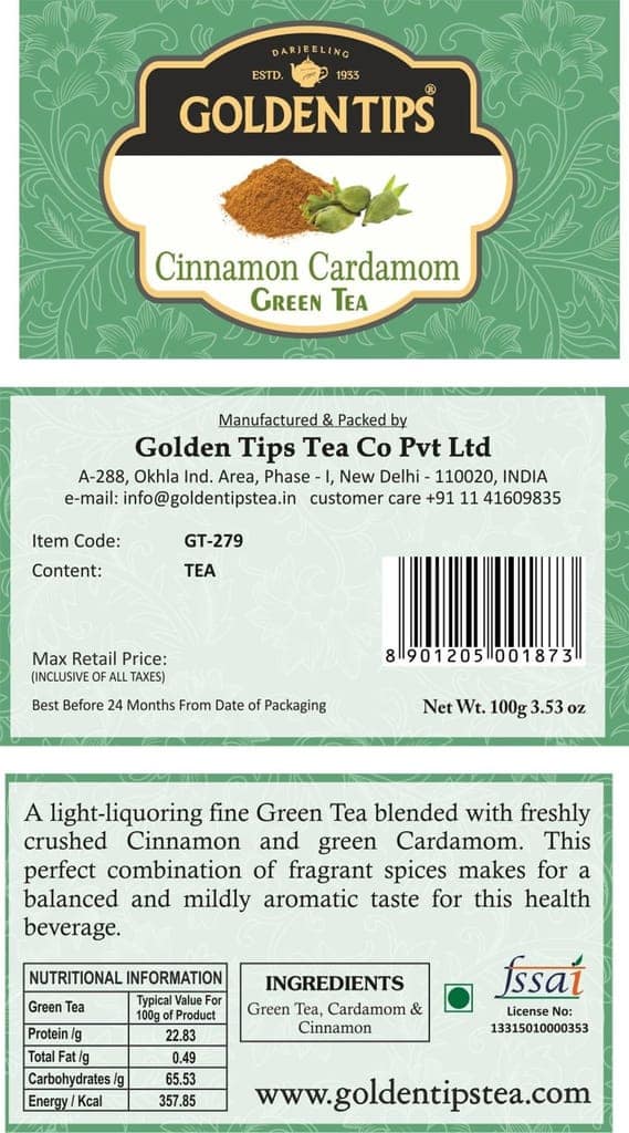 Golden Tips Green Tea with Cinnamon & Cardamom, Aromatic Whole Leaf Blend, Antioxidant-Rich Detox Tea, Mildly Spiced & Refreshing, Serve Hot or Iced (100 Gram, 50 Cups) view 2