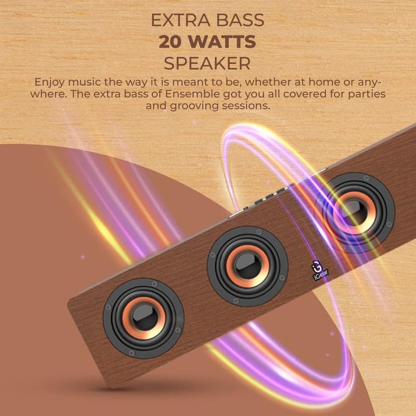 i GEAR Ensemble 20 watts Wooden Portable Soundbar with Wireless Bluetooth connectivity, Rechargeable, with USB/TF Card Support, FM Mode and Sub-woofer for Extra Bass view 2