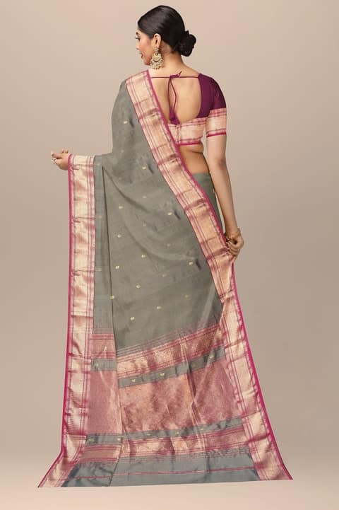 Squirrel Grey Handwoven Mulberry Sausar Silk With Rui Buti And Zari Border Saree SKU-BS10156 view 2
