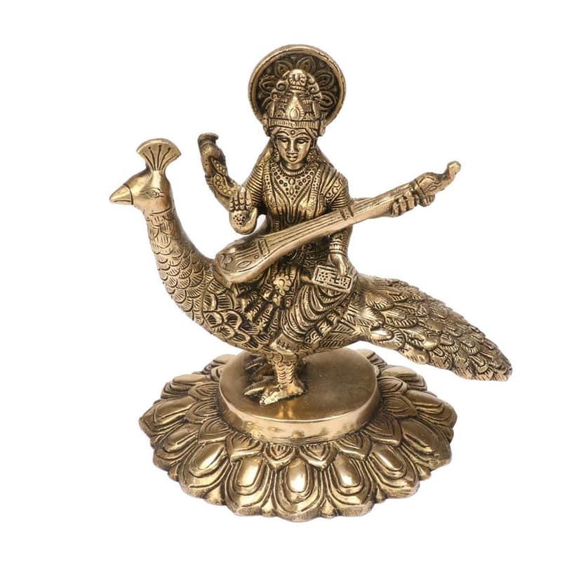ARTVARKO Brass Goddess Maa Saraswati Statue Sitting on Swan Education Study Vidya Devi Idol Spiritual Puja Vastu Showpiece Religious Murti Sculpture Knowledge Music & Art 7 Inches view 2