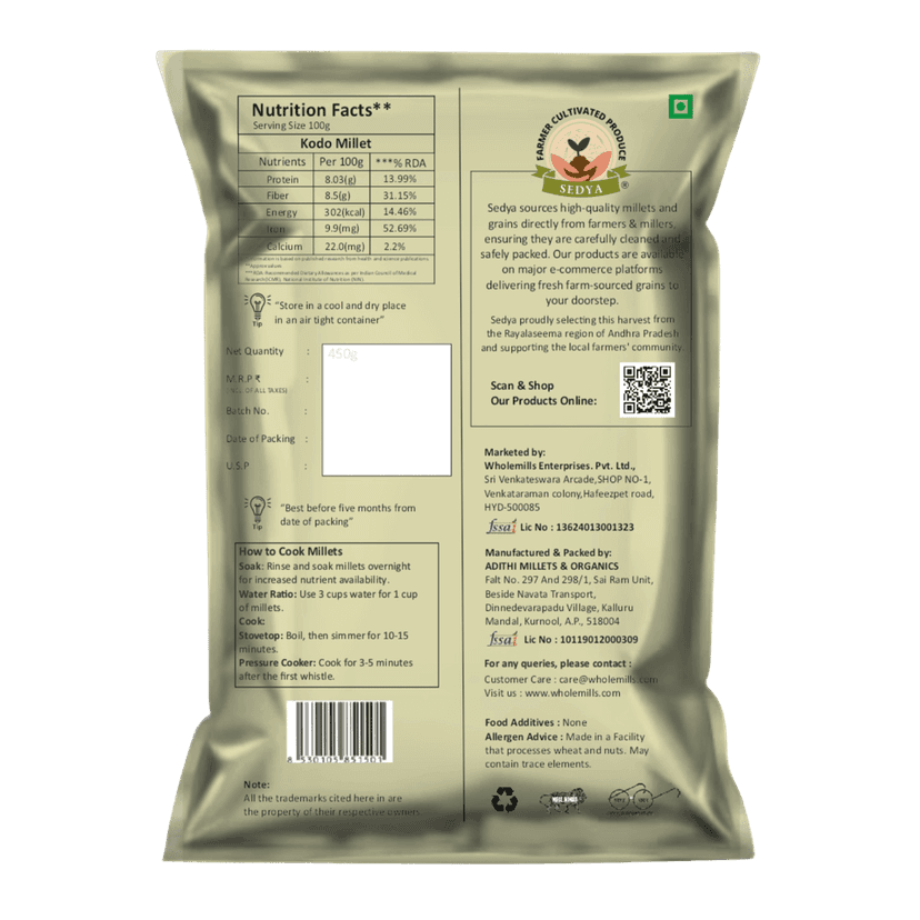 Sedya Three Millet Combo Whole Grains | Kodo Millet 500 g & Pearl Millet 500 g, 2 Packs | Certified Low GI | Varagu, Sajje | Gluten Free | Unpolished, Toasted, No Soaking Required | High Plant Protein & Fibre | Total 1.5 Kg view 2