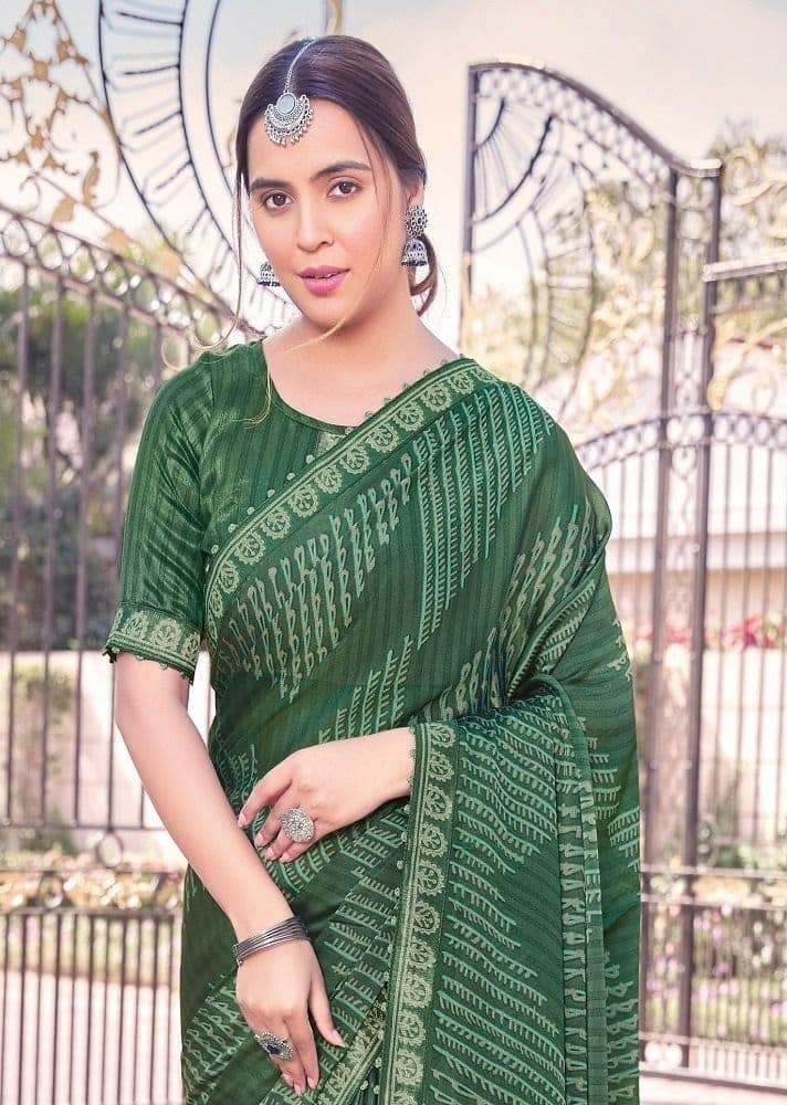Digital Printed Georgette Saree in Green view 2