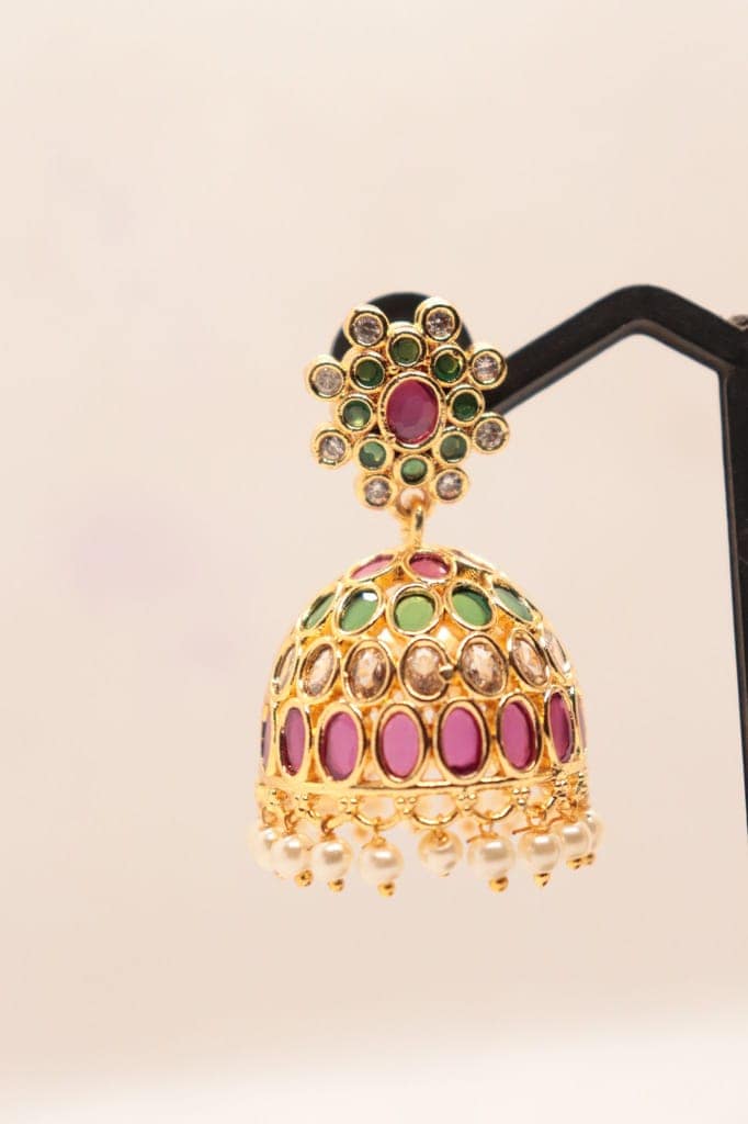 Exquisite Gold Plated Kundan and Pearl Jhumka Earrings with Ruby and Emerald Stones view 2