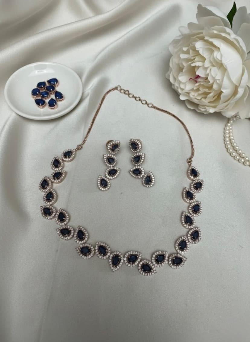 Elegant Blue Stone Rose Gold Polish Teardrop Necklace & Earring Set view 2