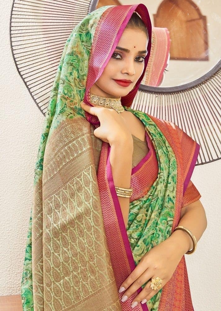 Digital Printed Art Silk Saree in Green view 2