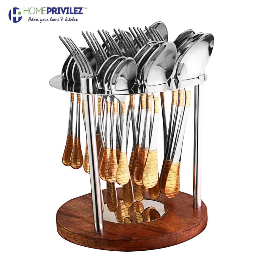 Nora cutlery-Stainless Steel and gold coated 24 pcs set in Stainless Steel stand with wooden base view 2