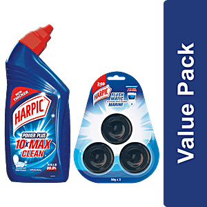 Harpic Disinfectant Toilet Cleaner, Original 1 L + Flushmatic Block, Marine,3 x 50 g, Combo 2 Items