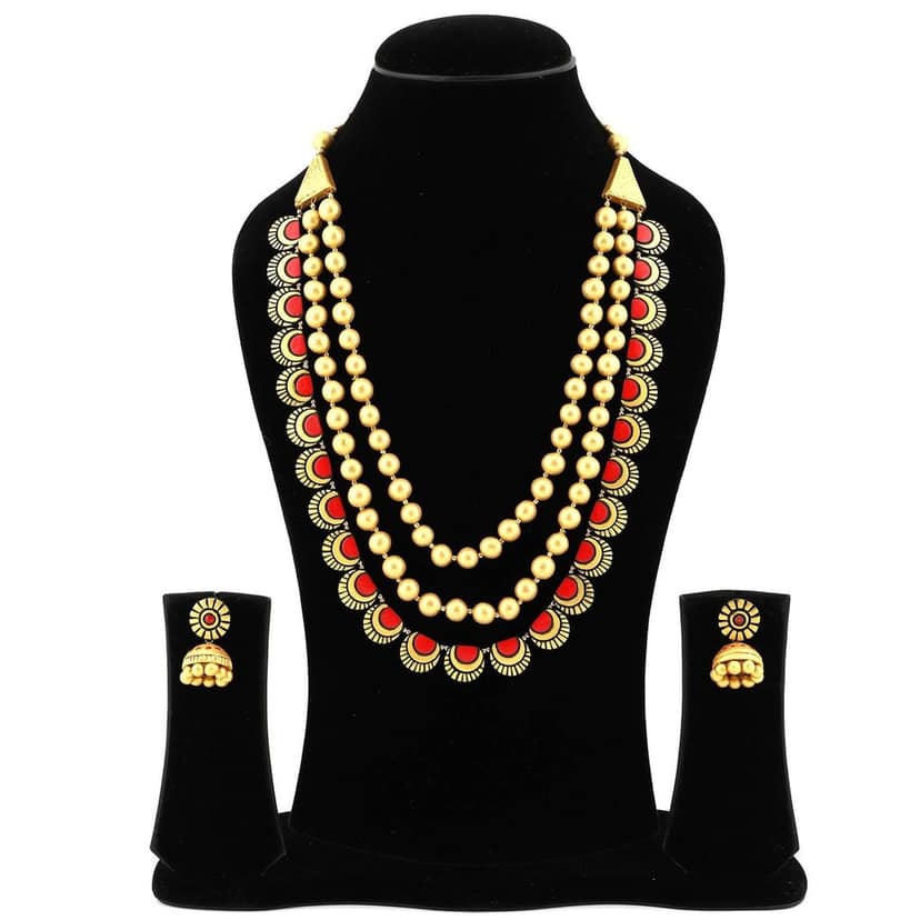 Ekam Ek terracotta necklace with earrings for women and girls for casual and formal wear for suit saree and skirt in gold and red colour view 2