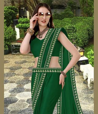 WXW Fashion Lycra Solid Regular Saree With Unstitched Blouse Piece ( Green )
