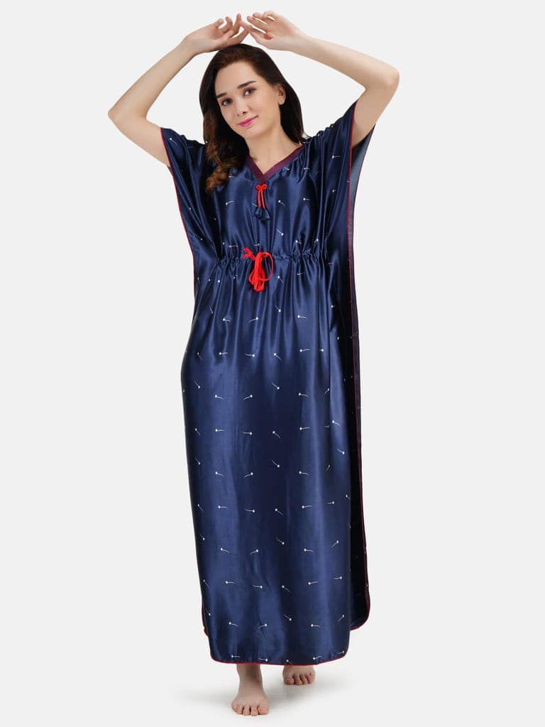 KOI SLEEPWEAR Women's Printed Satin Kaftan Gown/ Maxi Night Gown for Women - Navy Blue (L) view 2