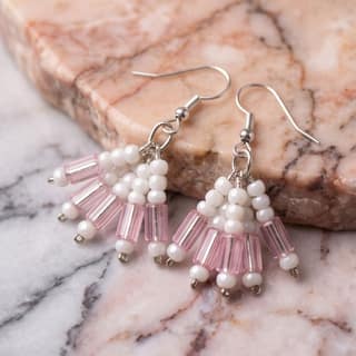 Artisan Pink and White Beaded Tassel Earrings