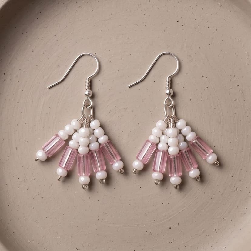 Artisan Pink and White Beaded Tassel Earrings view 2